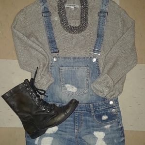 Distressed overall shorts